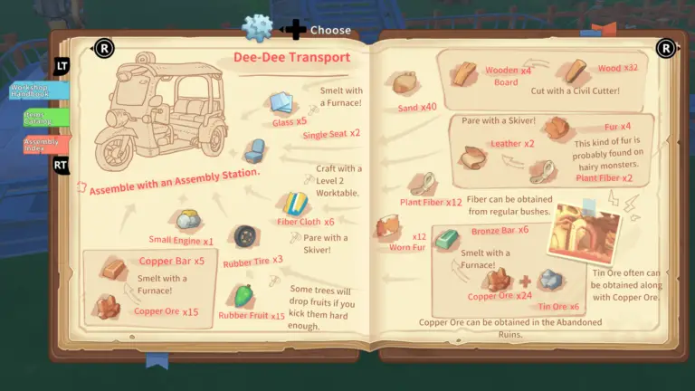 The Workbook Page Showing How to Build A Dee-dee Transport. This is something I wish I knew before starting My Time at Portia.