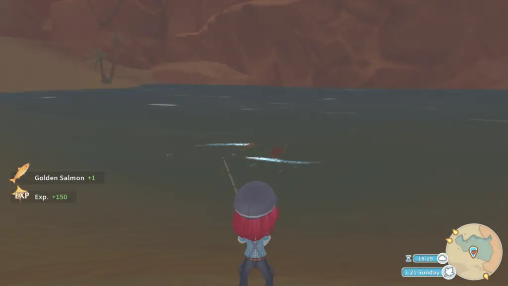 The author's character is wearing work clothes while fishing.