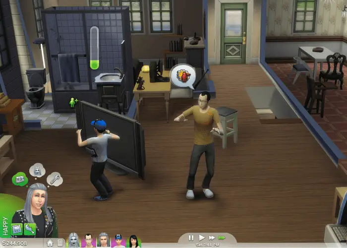 Adult male sim and child sim dancing in their living room.