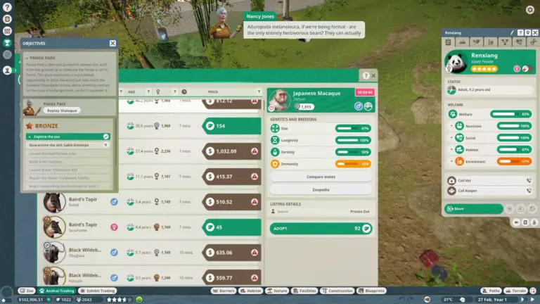 The animal trading menu in Planet Zoo