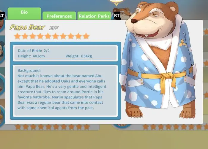 papa bear - one of the characters covered in My Time at Portia Gift Guide