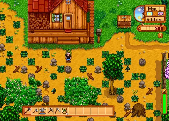 Character on a farm in the Stardew Valley game