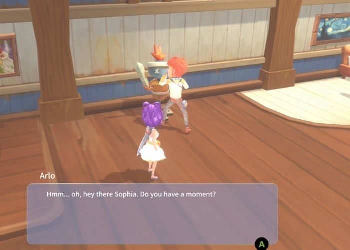 My Time at Portia is a relaxing game like Stardew Valley. Here, the main character is talking to Arlo.