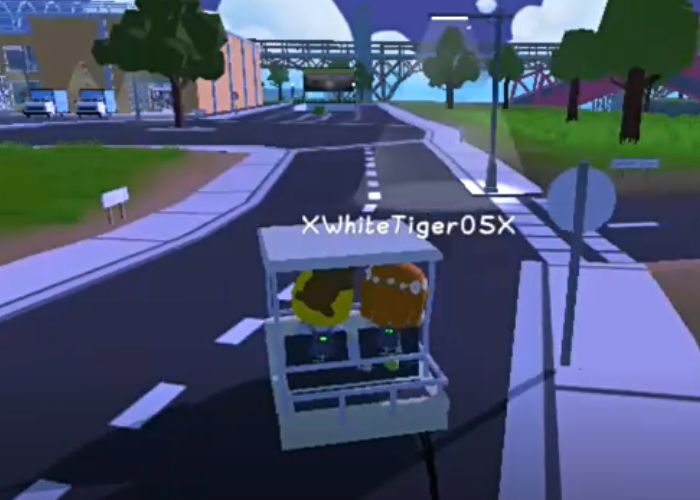 2 characters riding in a golf cart in the wobbly life game.