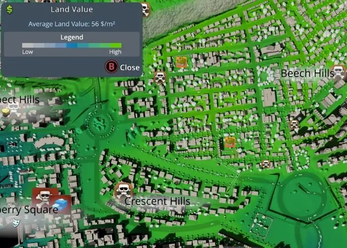 Cities Skylines: Tips increase land value - this shows my land value in an area