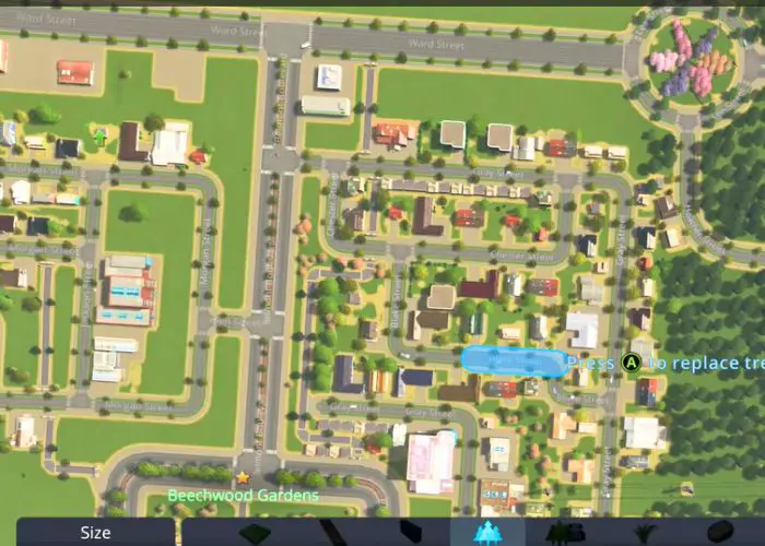 A suburb in Cities Skylines showing off a layout. A Beauty Hack.